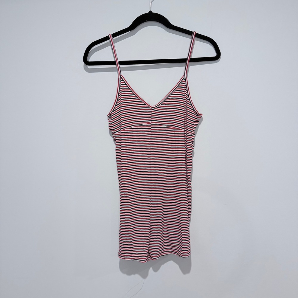 TOPSHOP Striped Ribbed Spaghetti Strap V Neck Cami Top Red White Blue Size 6 NEW